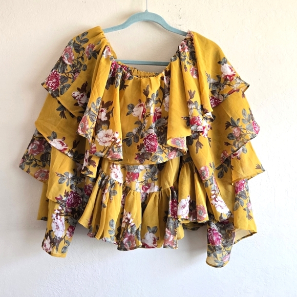 Forever 21 Yellow Floral Off The Shoulder Crop Ruffle Sleeve 2 Piece Skirt Set - Picture 6 of 9